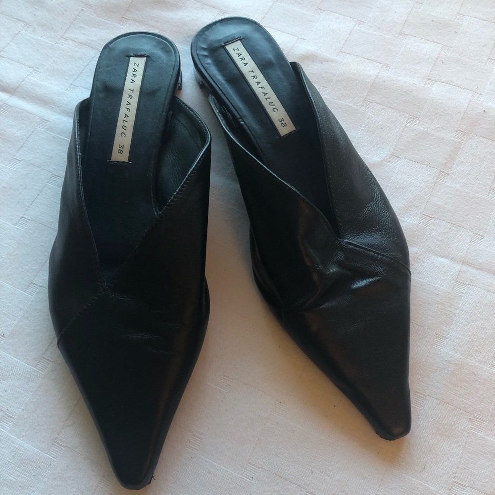 Black Zara real leather Pointed toe mules